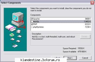 pasul 1: down appserv  
cum instalez appsrv: 
-dai next pana vezi asta: debifezi mysql si next bagi